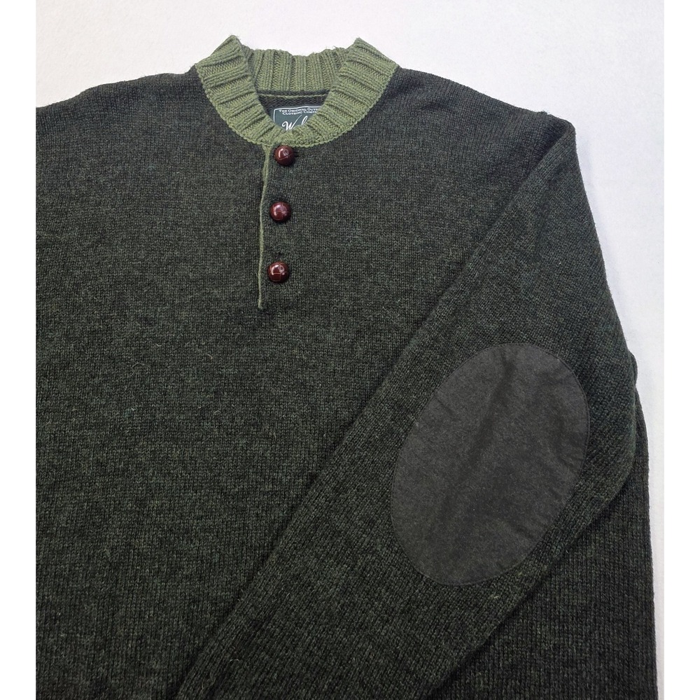 Woolrich Wool Sweater Mens L Green LIMITED USE Elbow Pads Henley Pullover